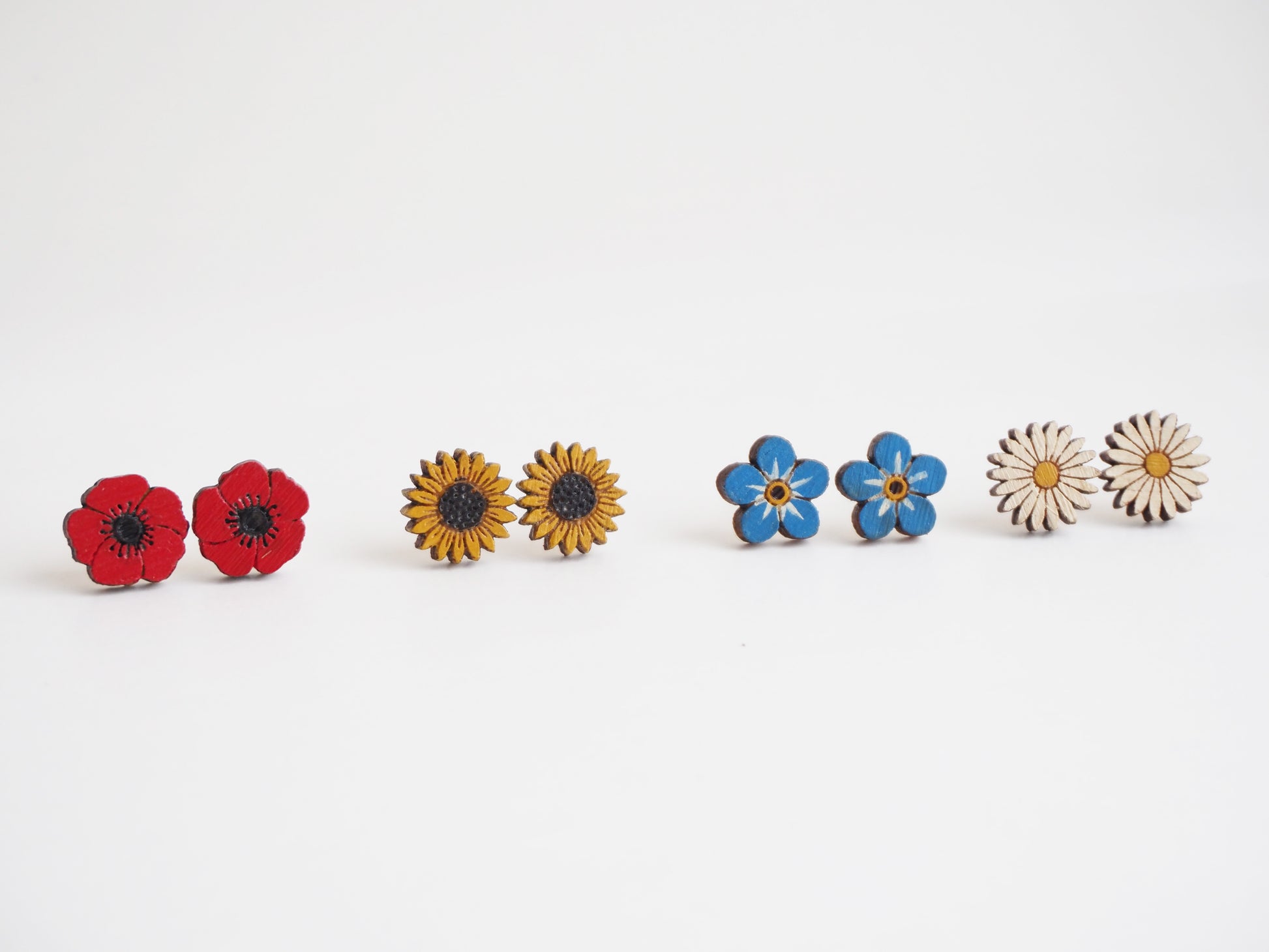 Hand Painted Wooden Forget-Me-Not Earrings | Sustainable Floral Jewellery, featuring colorful floral designs.