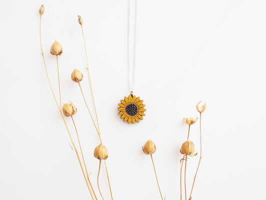 Sunflower Necklace โ Sterling Silver Chain & Bamboo Pendant