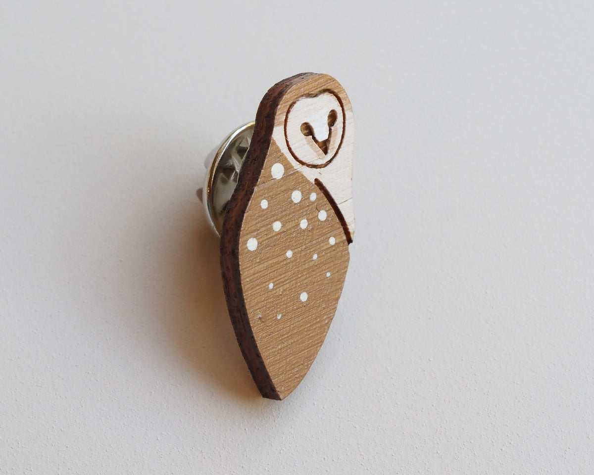 Mini Barn Owl Pin Badge made from FSC-certified bamboo, hand-painted with details, perfect for woodland fans.