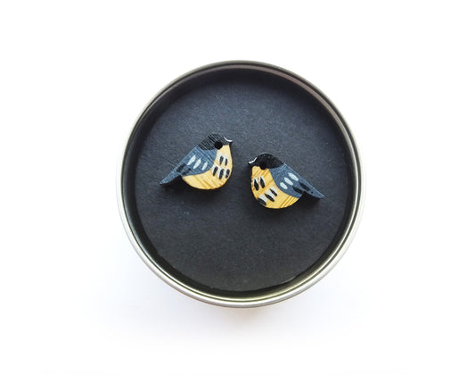 Hand painted coal tit earrings made from bamboo. 
