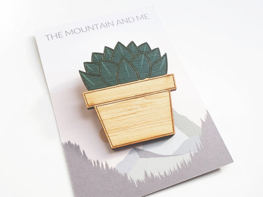 Hand-Painted Succulent Wooden Brooch