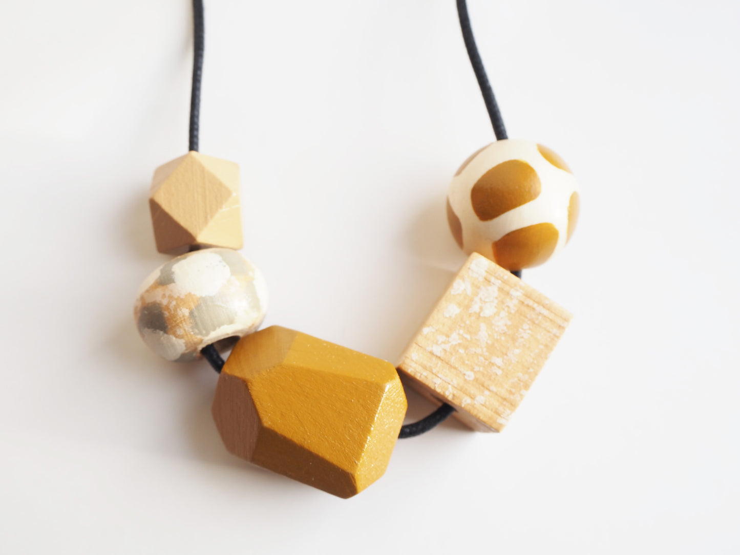 Hand Painted Mustard Geometric Wooden Bead Necklace