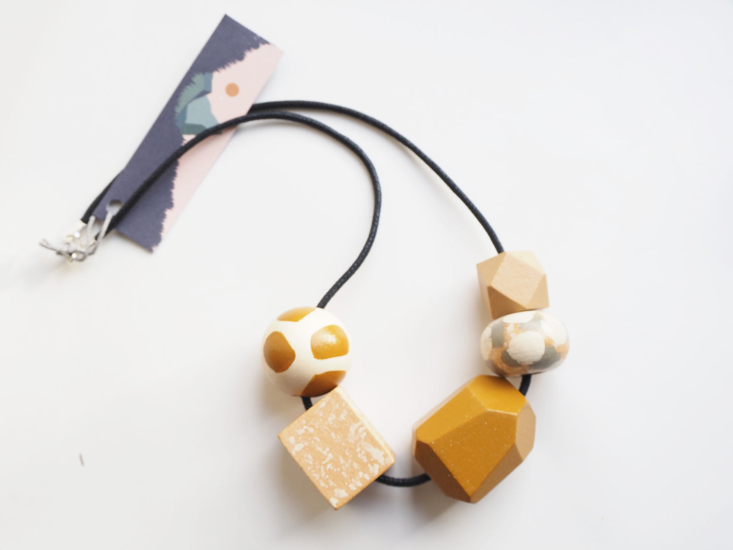 Hand Painted Mustard Geometric Wooden Bead Necklace