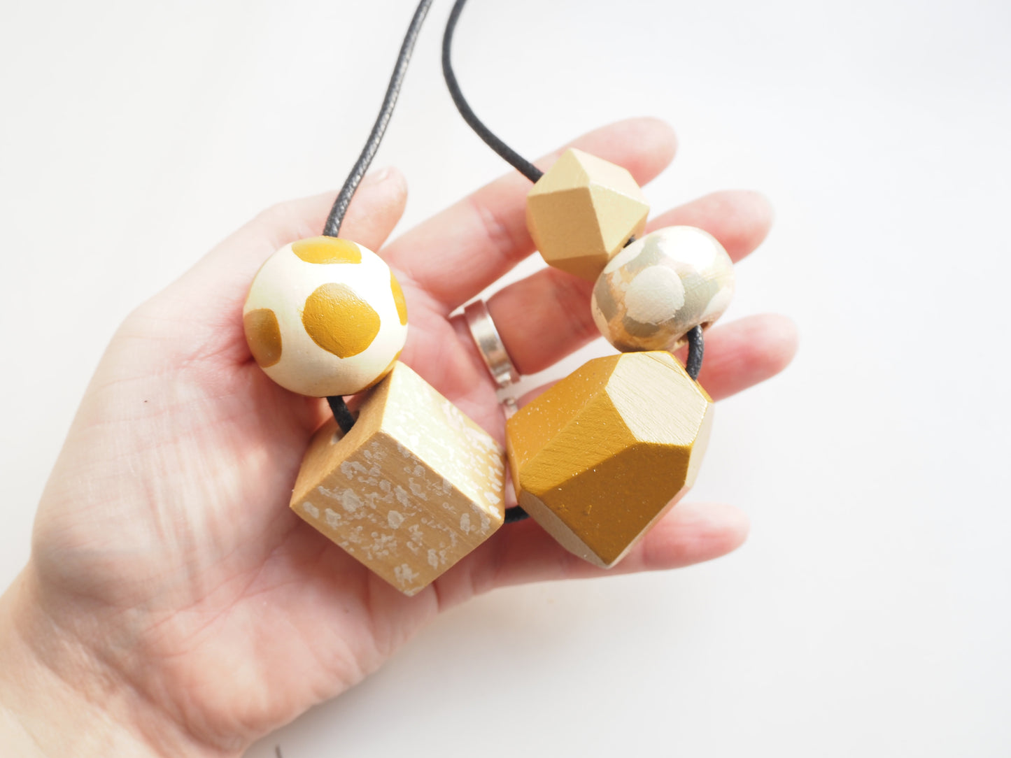 Hand Painted Mustard Geometric Wooden Bead Necklace