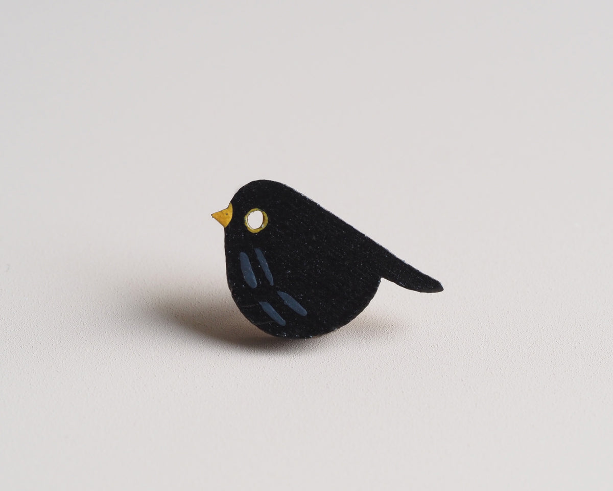 Mini Blackbird Pin Badge – Hand-Painted Bamboo Bird Gift