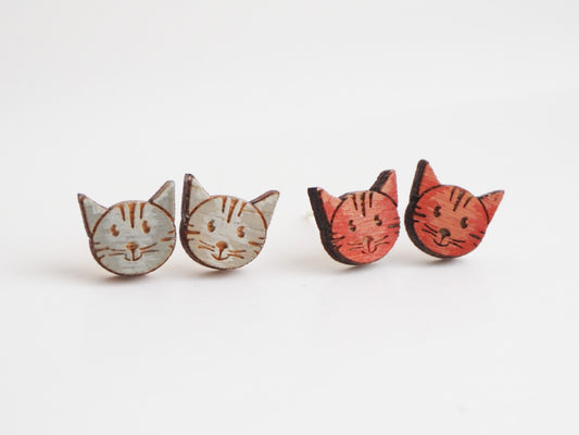 Wooden Ginger Cat Face Stud Earrings