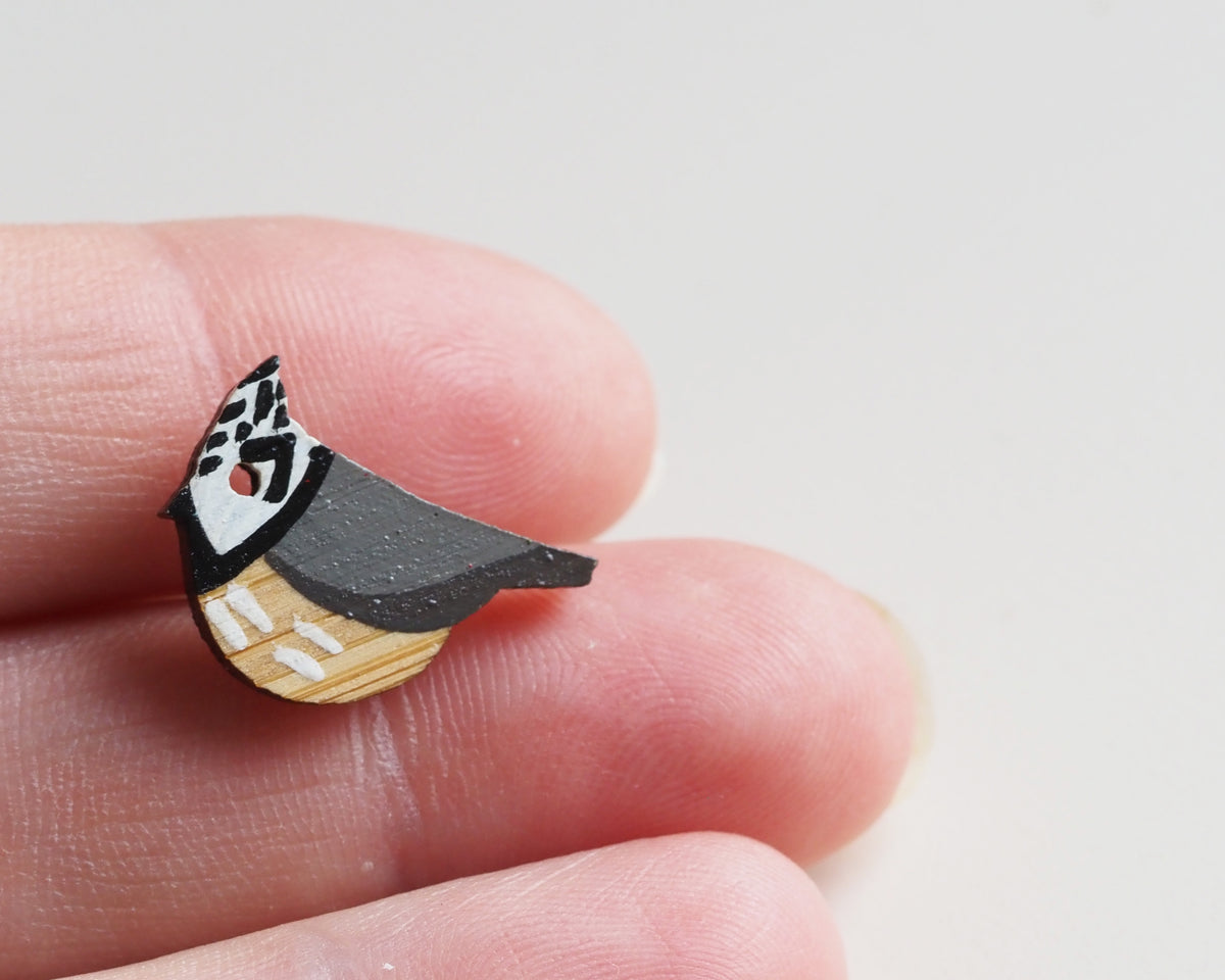 Mini Crested Tit Pin Badge – Hand-Painted Bamboo Bird Gift