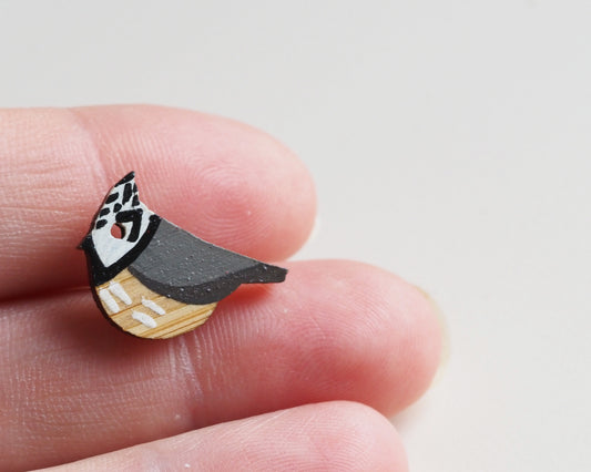 Mini Crested Tit Pin Badge – Hand-Painted Bamboo Bird Gift