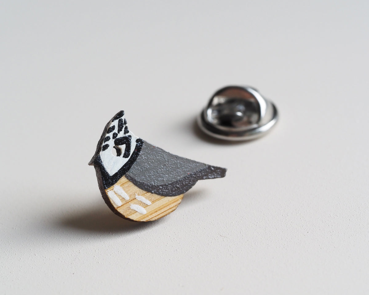 Mini Crested Tit Pin Badge – Hand-Painted Bamboo Bird Gift