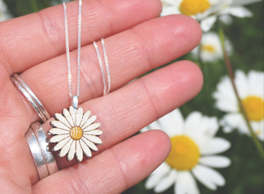 Eco-Friendly Daisy Necklace – Recycled Sterling Silver & Bamboo Pendant