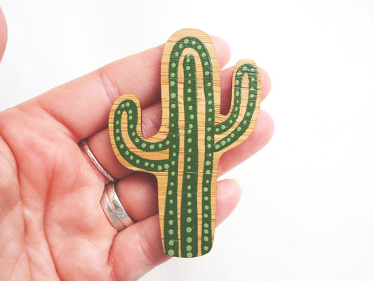 hand painted wooden cacti shaped brooch. 