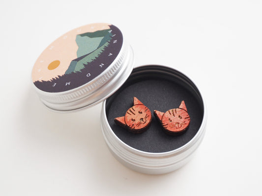 Wooden Ginger Cat Face Stud Earrings