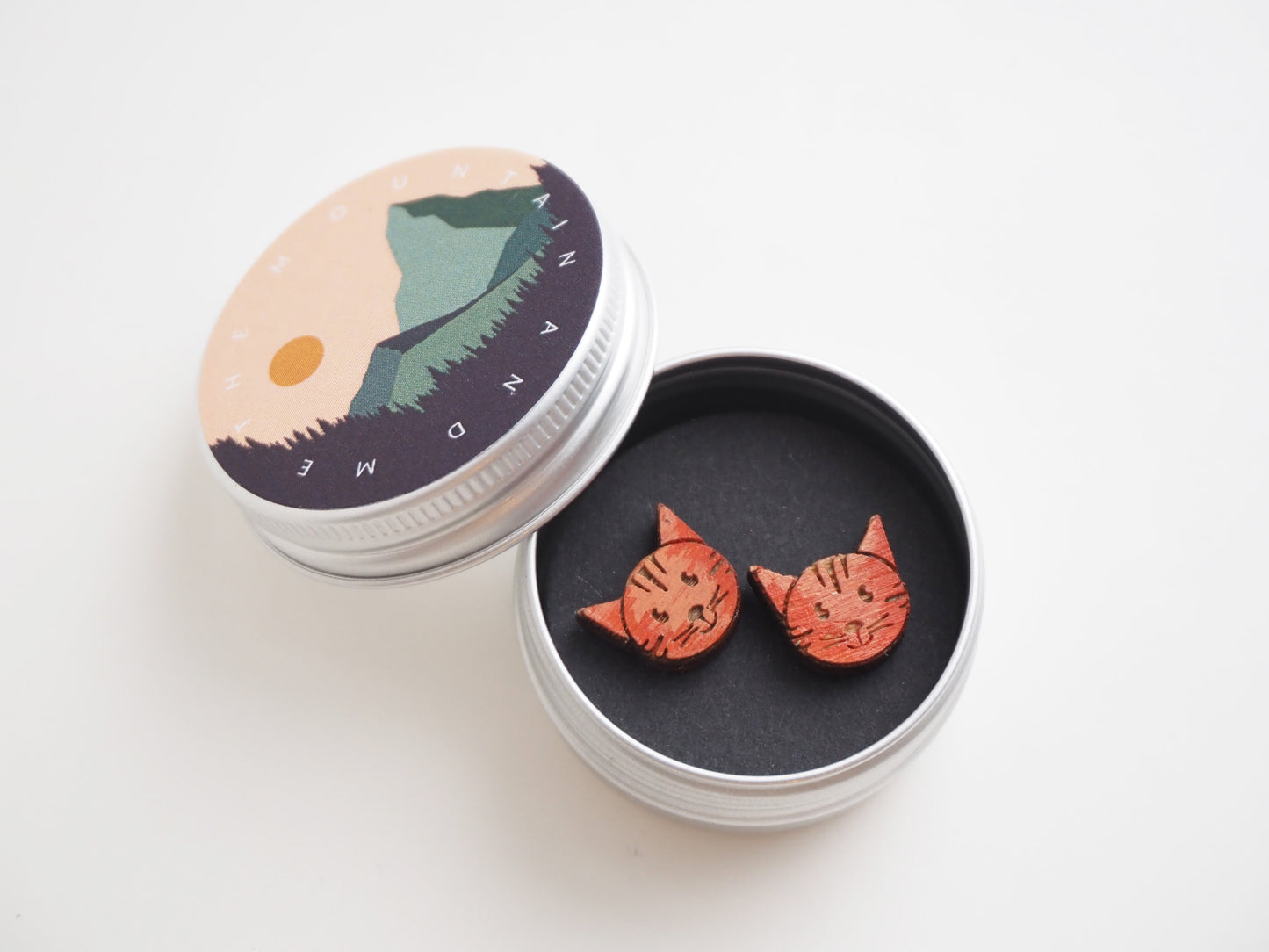 Wooden Ginger Cat Face Stud Earrings