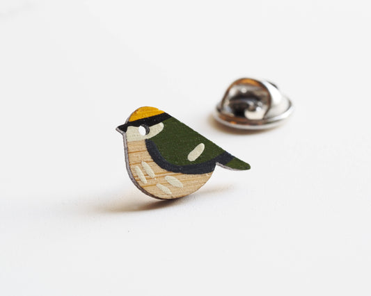 Mini Goldcrest Pin Badge – Hand-Painted Bamboo Bird on a white background