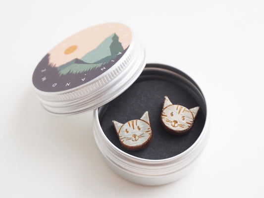 Wooden Bamboo Grey Tabby Cat Stud Earrings