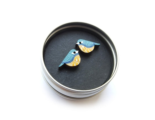 Blue Tit Earrings, Bird Earrings, Wooden Earrings, Wooden Jewellery, Bird Gifts For Her, Garden Birds, UK Birds