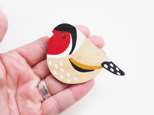 Goldfinch Wooden Brooch – Hand Painted Bamboo Bird Pin