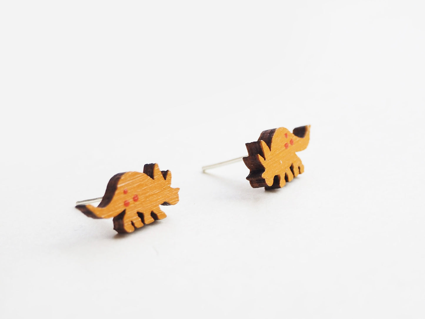 Yellow Dinosaur Earrings, Dinosaur Jewellery, Wooden Earrings, Triceratops Earrings