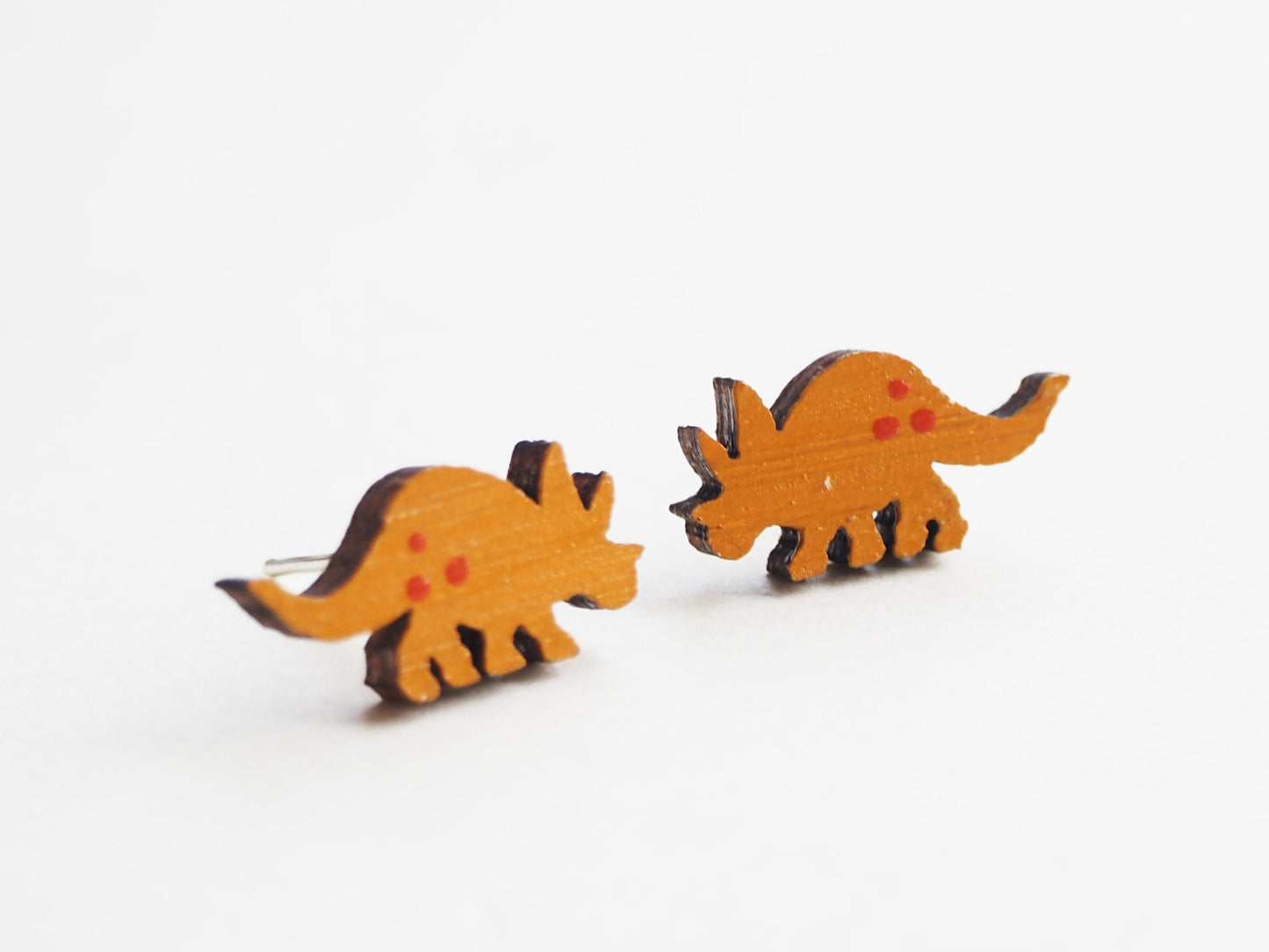 Yellow Dinosaur Earrings, Dinosaur Jewellery, Wooden Earrings, Triceratops Earrings