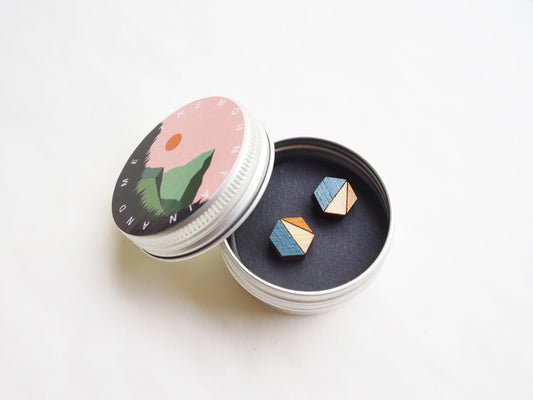 Blue & Mustard Hexagon Wooden Stud Earrings – Sustainable Bamboo Jewellery