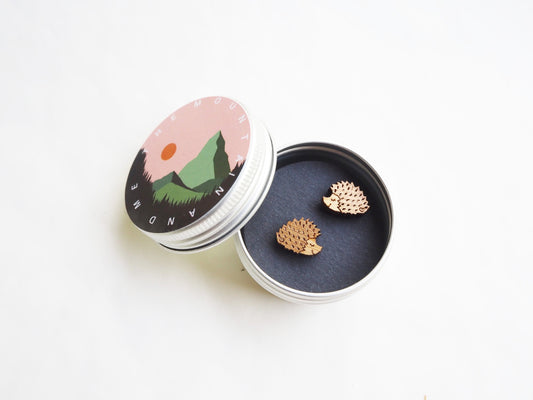 Hedgehog Earrings – Hand Painted Wooden Studs in Bamboo