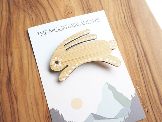 Wooden Rabbit Brooch – Hand Painted FSC Bamboo Hare Pin, Scandinavian Inspired