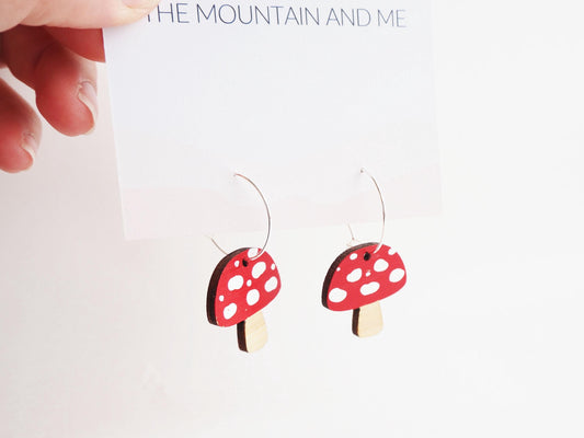 Toadstool Dangle Earrings – Hand Painted Bamboo | Lightweight Fungi & Woodland Jewellery