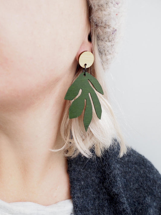 Leaf Dangle Earrings – Hand Painted Wooden Statement Jewellery