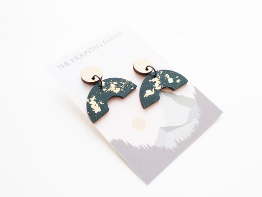 Teal & Gold Wooden Statement Earrings – Geometric Bamboo Dangle Studs